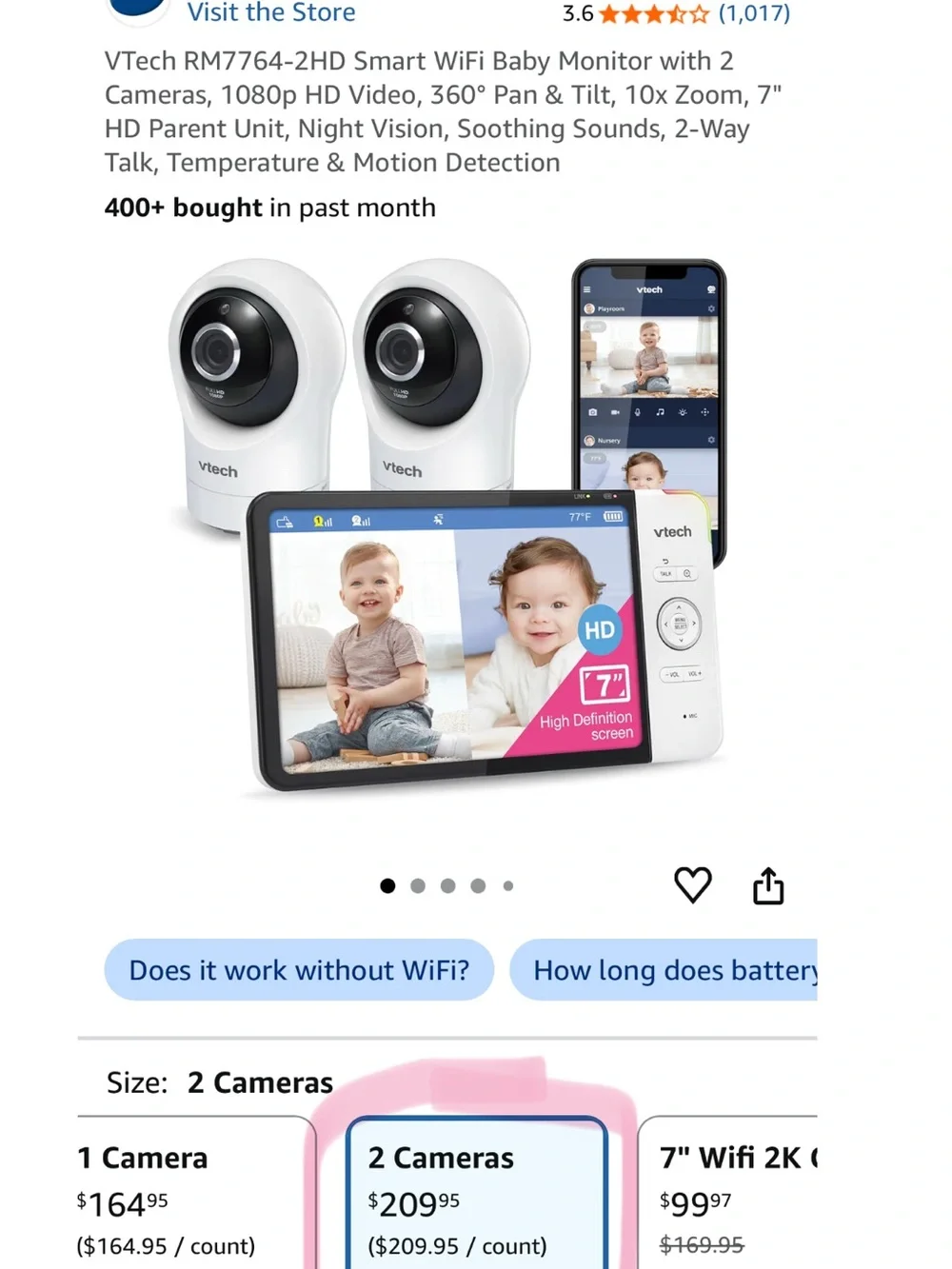 VTech Smart Series 2-Camera Baby Monitor - White